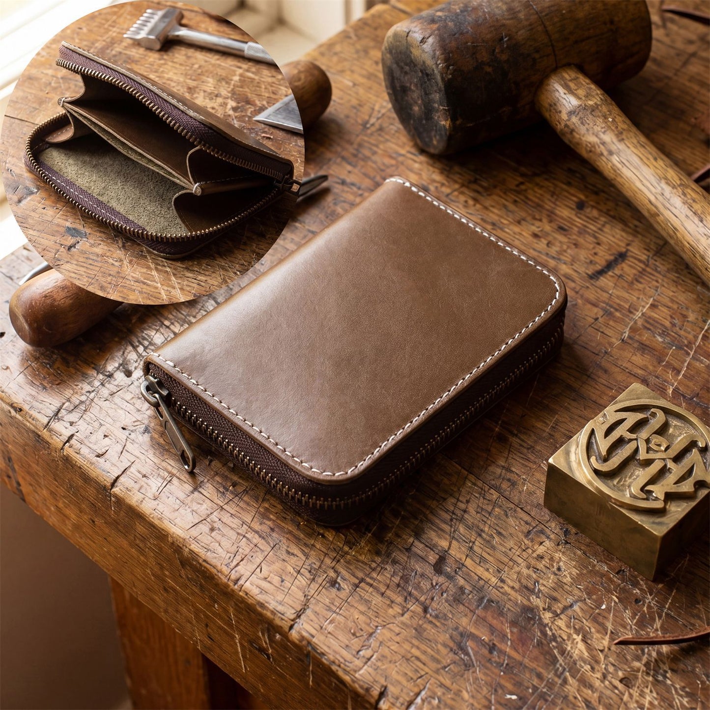 Retro Handmade Leather Zipper Wallet Card Holder