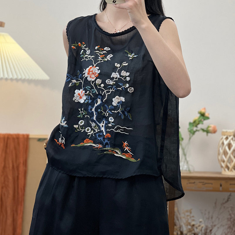 Retro Casual Ramen Flower Embroidered Vest