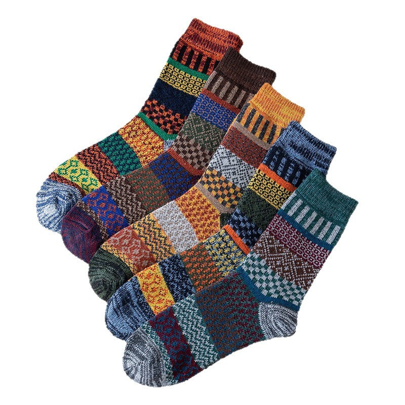 Winter colorful mid-calf socks thickened pure cotton stockings retro men's ethnic style boot socks(5 Pairs 5 color)
