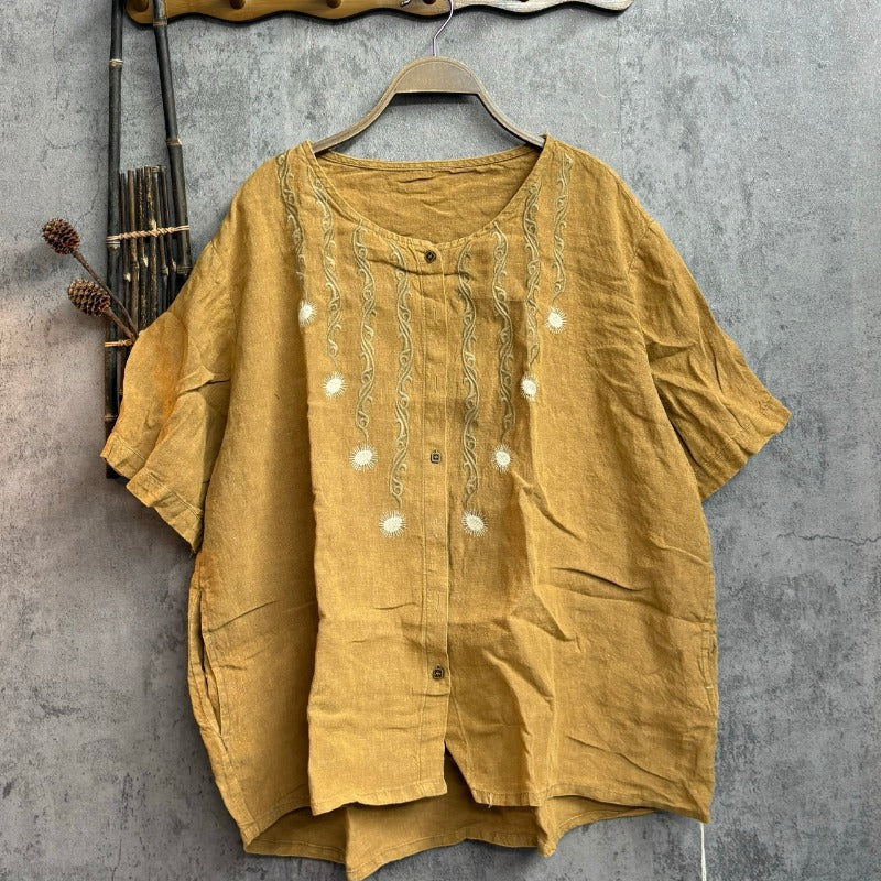 Flax Embroidered Round Neck Top