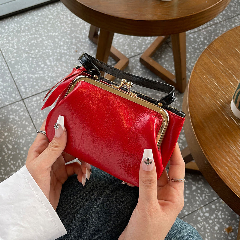 Vintage Oil Waxed Leather Clip Purse Clutch Bag