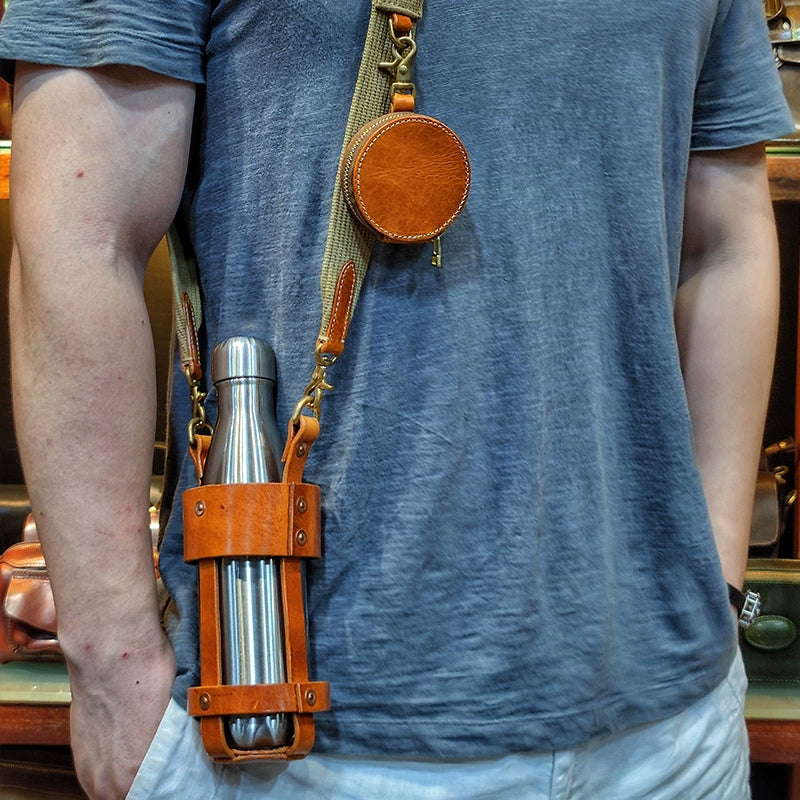 Retro Handmade Leather Portable Bottle Bag(Includes stainless steel thermos)