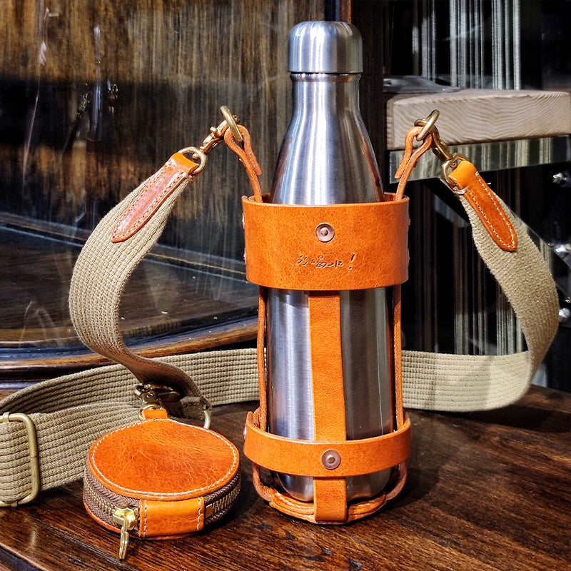 Retro Handmade Leather Portable Bottle Bag(Includes stainless steel thermos)
