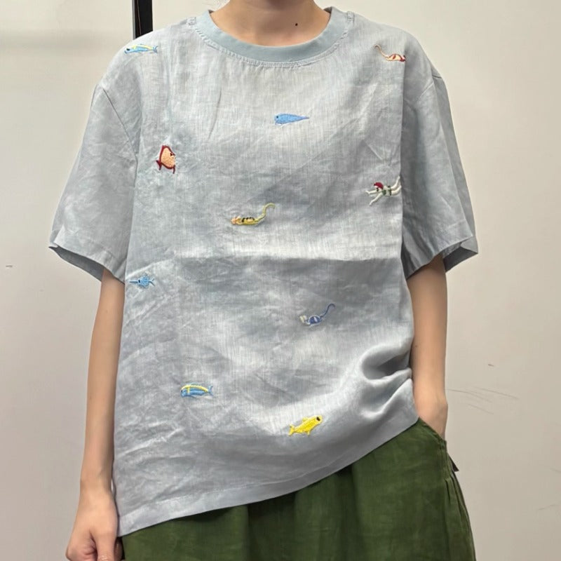 Retro Linen Embroidered Short-sleeved Top