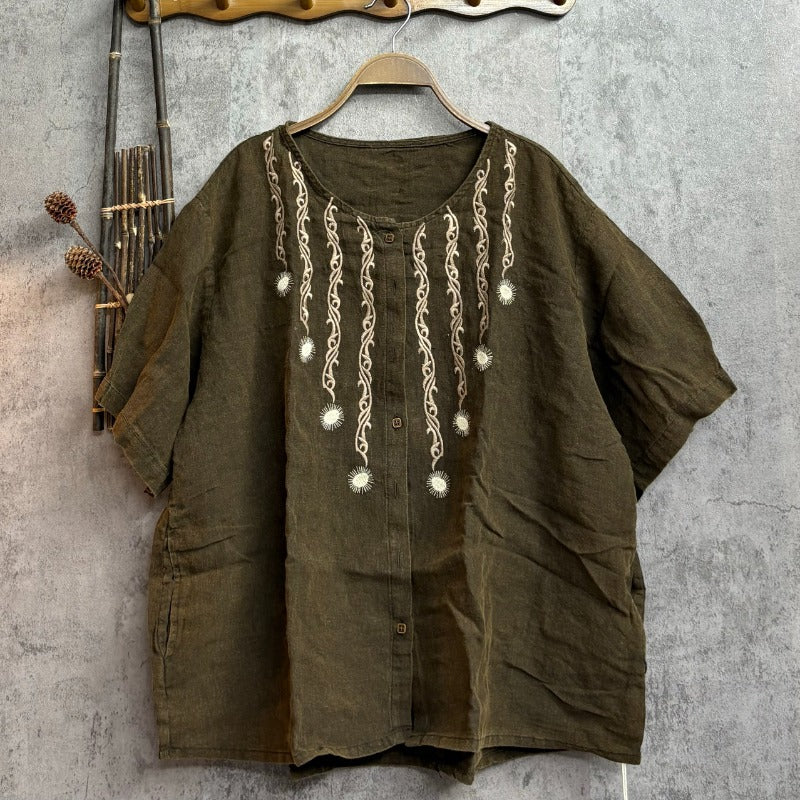 Flax Embroidered Round Neck Top
