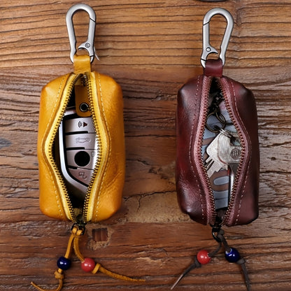 Top-grain Cowhide Vintage Zipper Key Pouch | Genuine Leather Mini Waist Bag