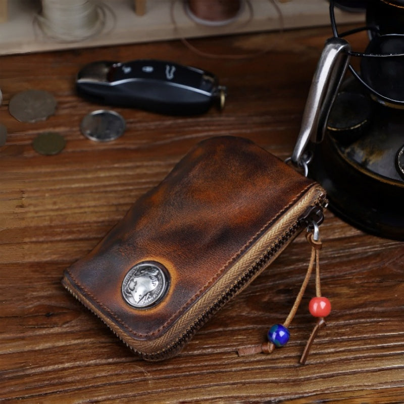 Men's genuine leather key case, vintage distressed vegetable-tanned cowhide coin purse
