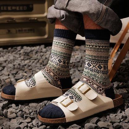 Winter colorful mid-calf socks thickened pure cotton stockings retro men's ethnic style boot socks（5 Pairs 5 color)