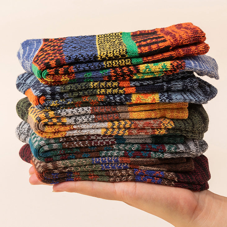 Winter colorful mid-calf socks thickened pure cotton stockings retro men's ethnic style boot socks（5 Pairs 5 color)