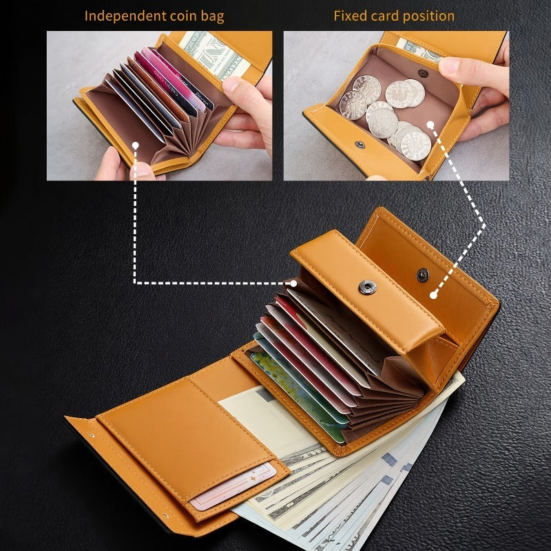 A Minimalist Tri-Fold Wallet in Black, Featuring a Business Style, Ultra-Thin Foldable Design, Secure Card Slots, And a Snap Closure