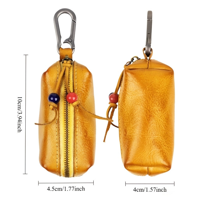 Top-grain Cowhide Vintage Zipper Key Pouch | Genuine Leather Mini Waist Bag