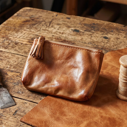 Retro Handmade Leather Zipper Wallet Coin Bag