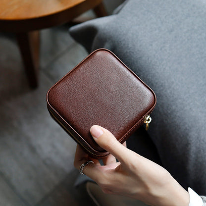 First-layer Waxed Cowhide Leather Portable Necklace Jewelry Box Storage Bag