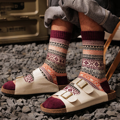 Winter colorful mid-calf socks thickened pure cotton stockings retro men's ethnic style boot socks（5 Pairs 5 color)