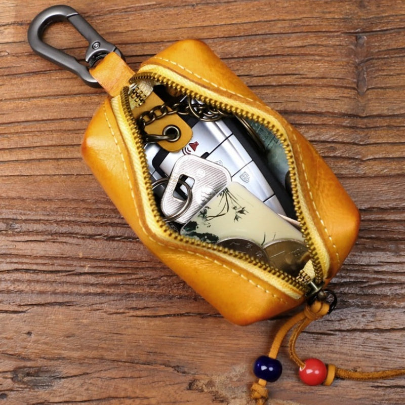 Top-grain Cowhide Vintage Zipper Key Pouch | Genuine Leather Mini Waist Bag