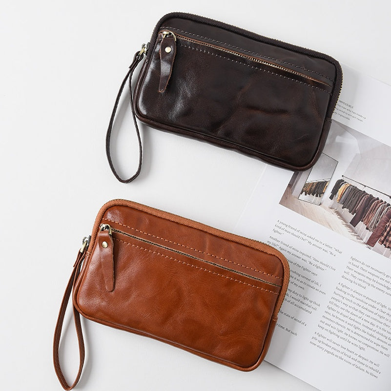 Retro Leather Distressed Top-Grain Cowhide Clutch Bag