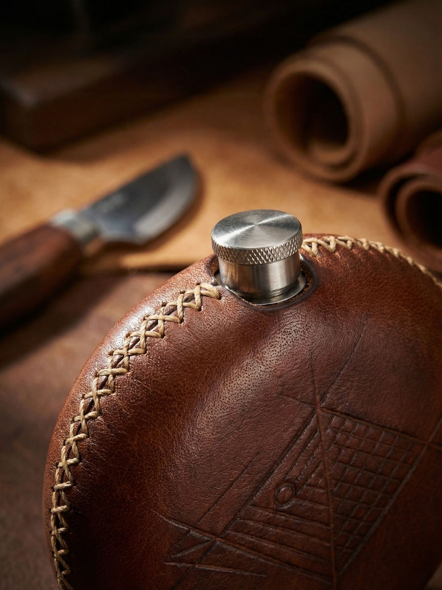 Retro Handmade Leather Portable Outdoor Travel Liquor Bottle 304 Stainless Steel