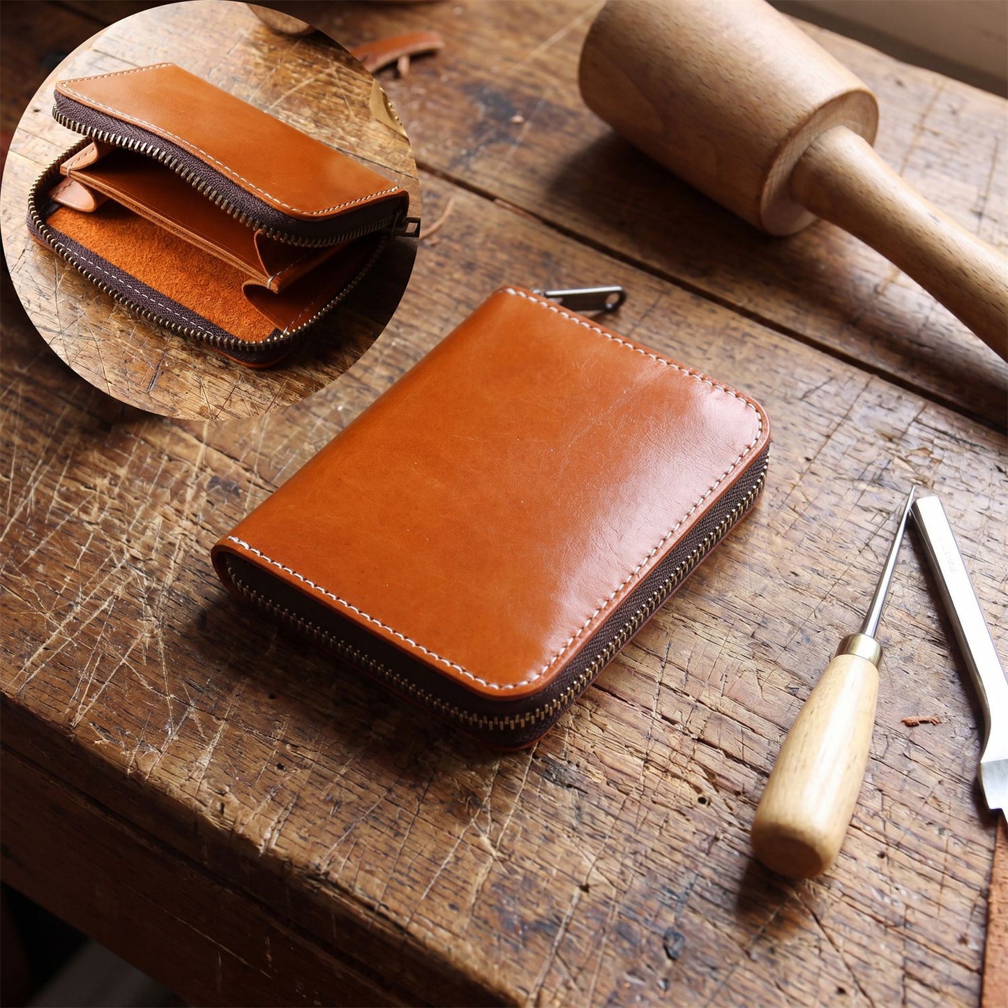 Retro Handmade Leather Zipper Wallet Card Holder