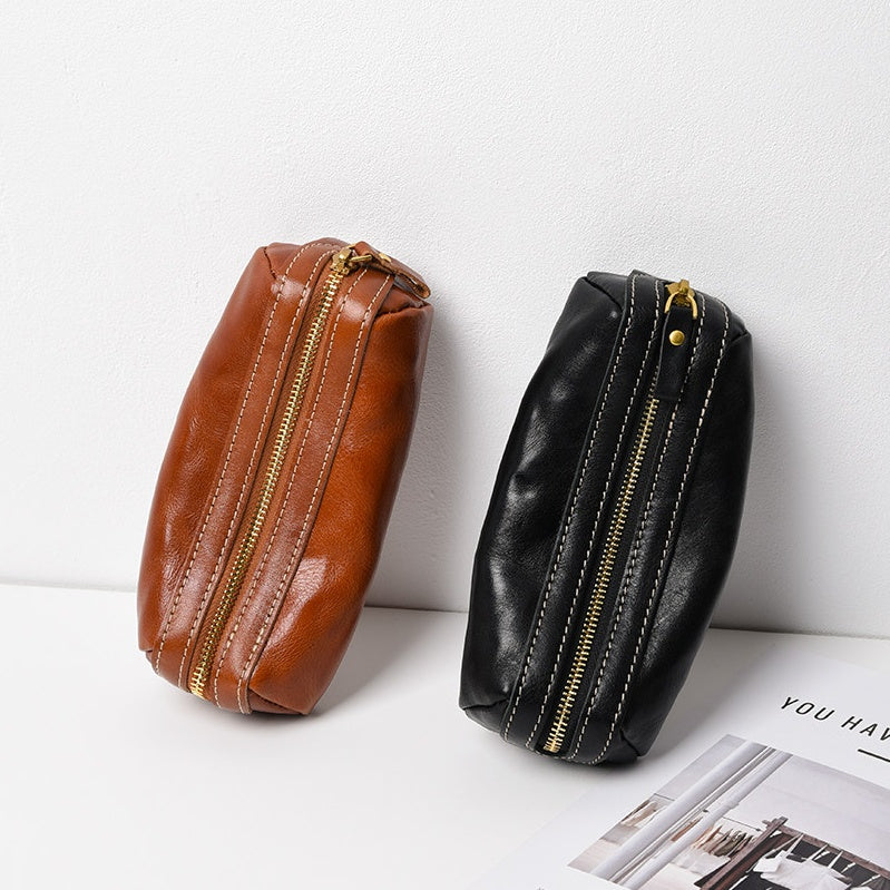 Retro Handmade Leather Zipper Storage Bag