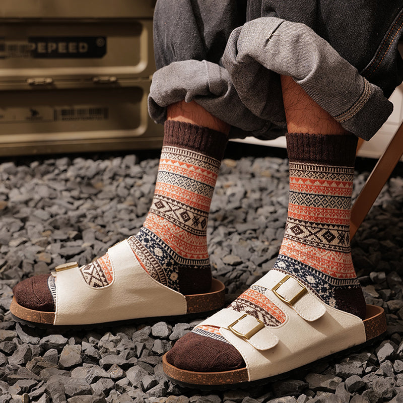 Winter colorful mid-calf socks thickened pure cotton stockings retro men's ethnic style boot socks（5 Pairs 5 color)