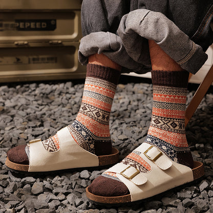 Winter colorful mid-calf socks thickened pure cotton stockings retro men's ethnic style boot socks（5 Pairs 5 color)