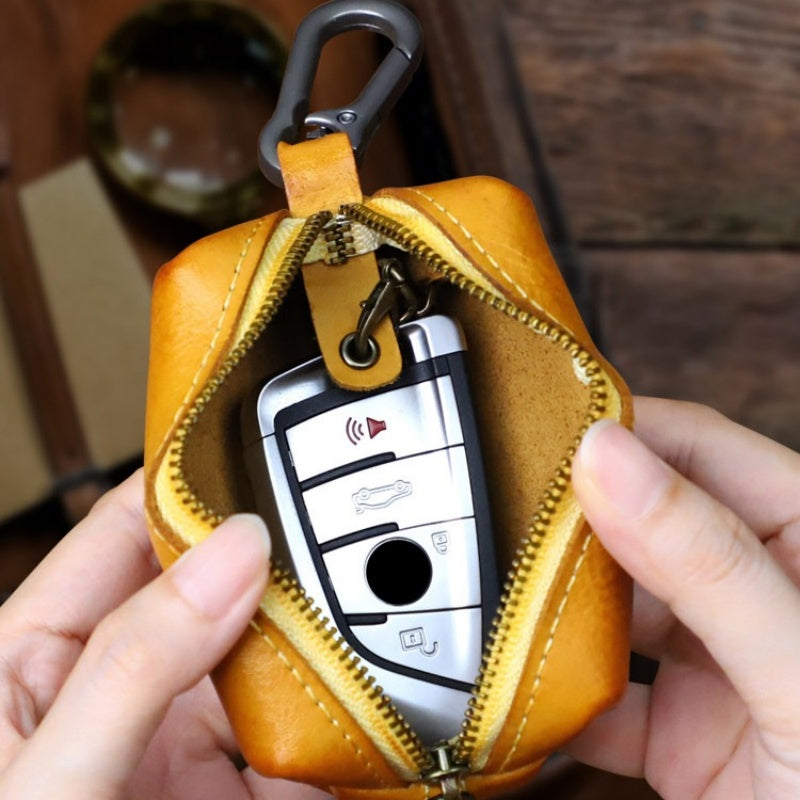 Top-grain Cowhide Vintage Zipper Key Pouch | Genuine Leather Mini Waist Bag