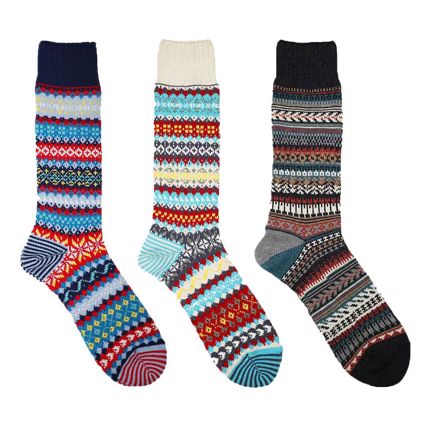 3 Pairs Winter colorful mid-calf socks thickened ethnic style boot socks
