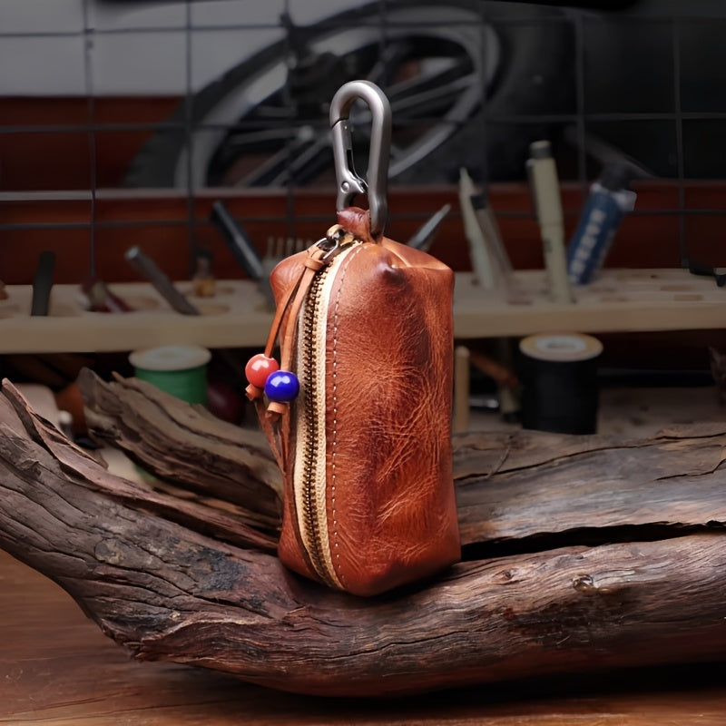 Top-grain Cowhide Vintage Zipper Key Pouch | Genuine Leather Mini Waist Bag
