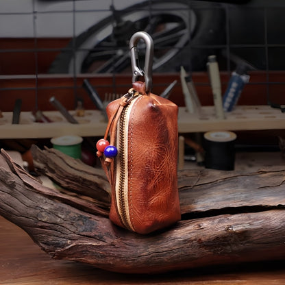 Top-grain Cowhide Vintage Zipper Key Pouch | Genuine Leather Mini Waist Bag