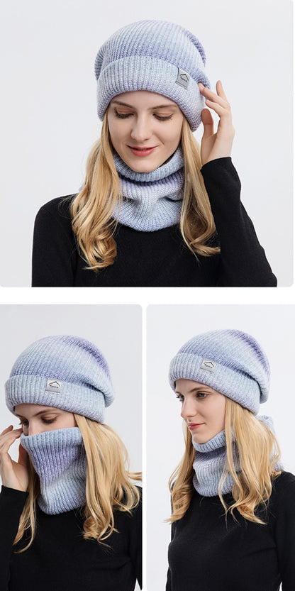 Gradient Color Thickened Knit Cap Two-piece Set