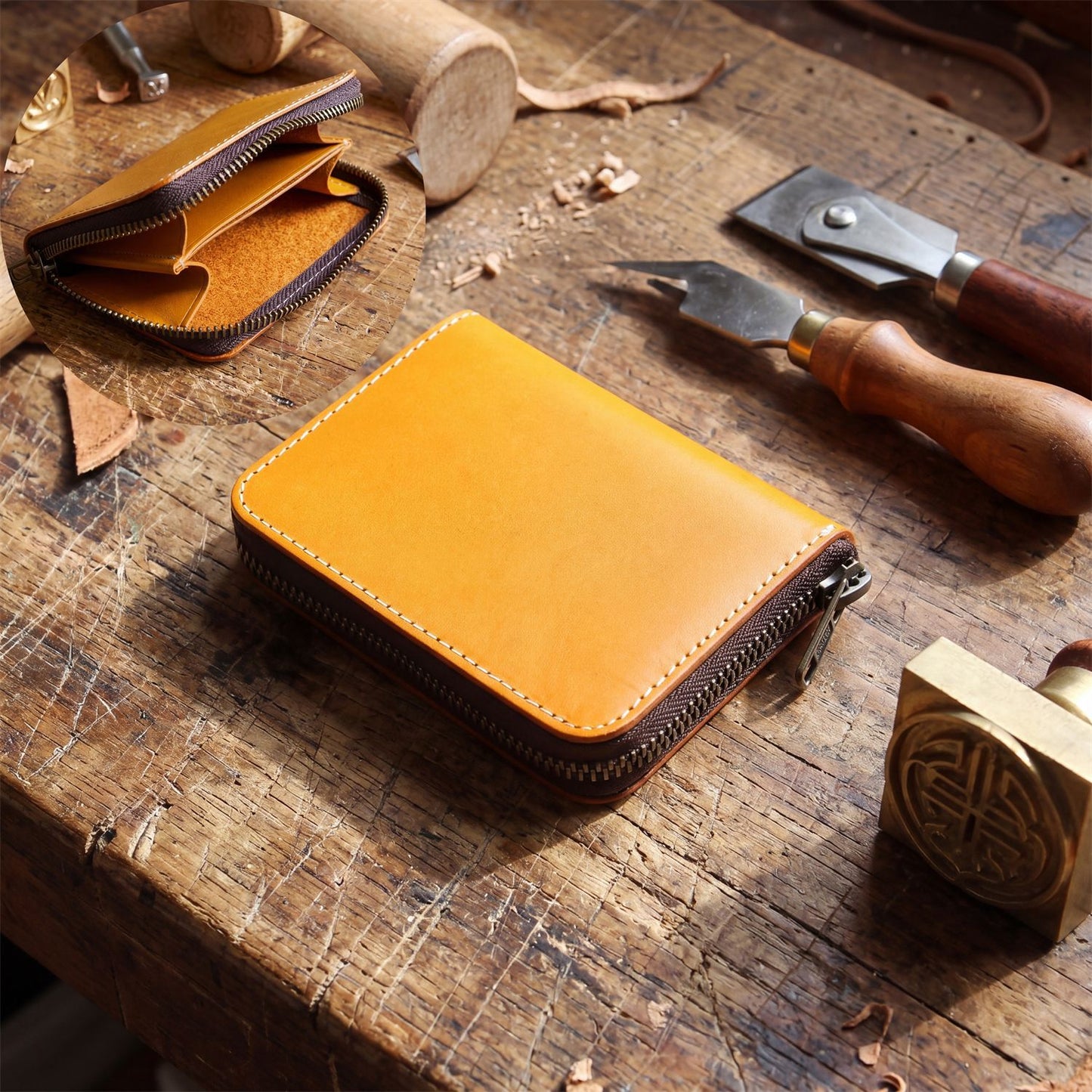 Retro Handmade Leather Zipper Wallet Card Holder