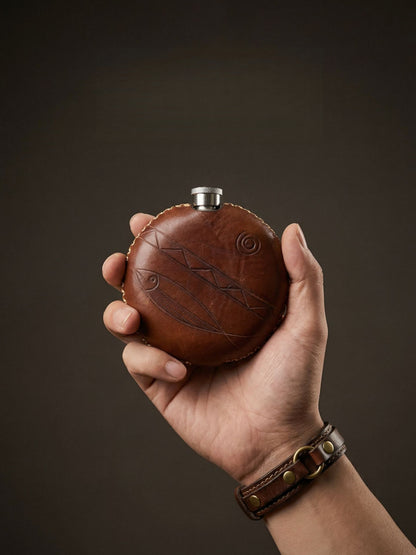Retro Handmade Leather Portable Outdoor Travel Liquor Bottle 304 Stainless Steel