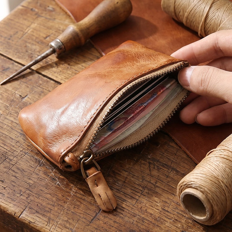 Retro Handmade Leather Zipper Wallet Coin Bag