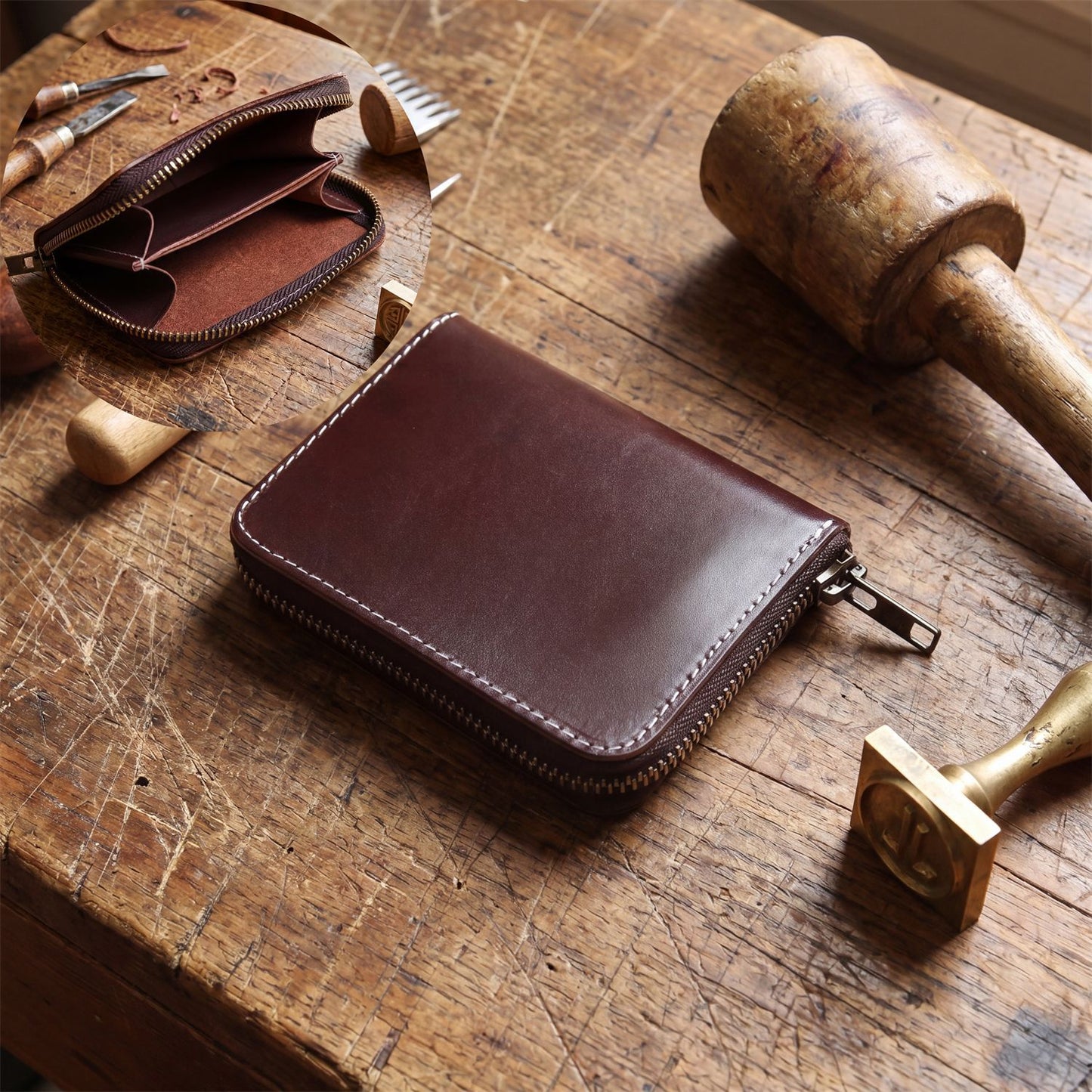 Retro Handmade Leather Zipper Wallet Card Holder