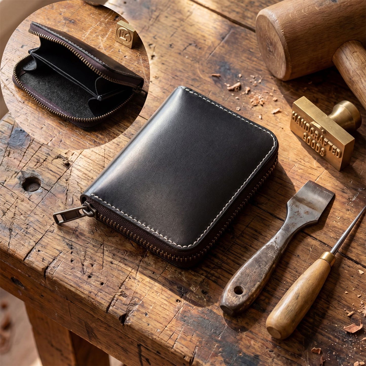 Retro Handmade Leather Zipper Wallet Card Holder