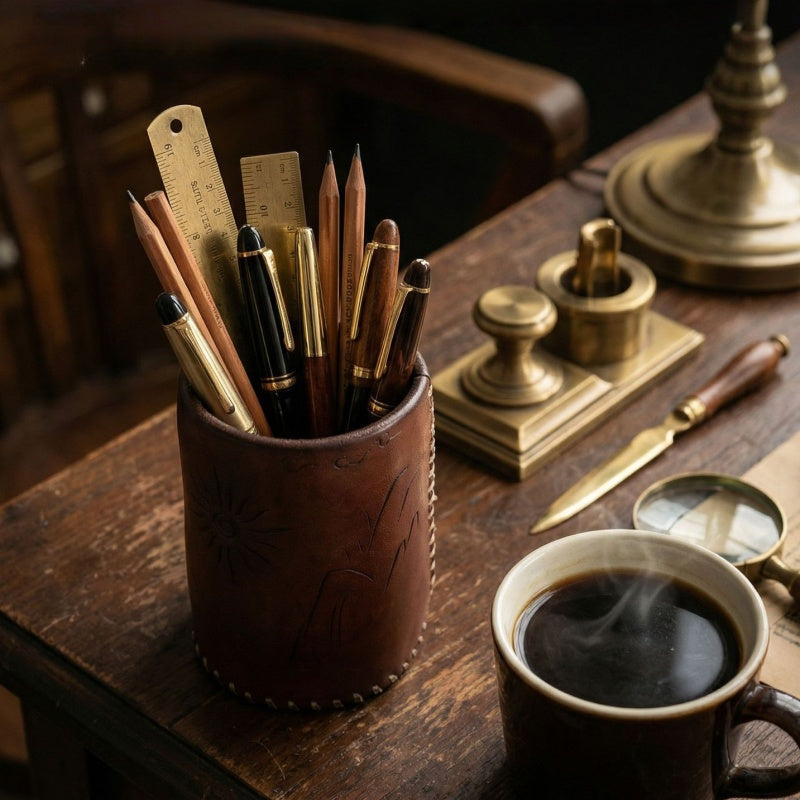 Retro Hand-stitched Vegetable-tanned Leather Pen Holder