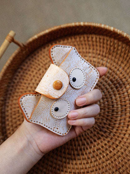 Vintage Handmade Leather Kitten Card Holder Storage Bag