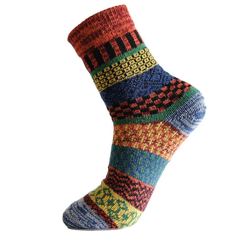 Winter colorful mid-calf socks thickened pure cotton stockings retro men's ethnic style boot socks（5 Pairs 5 color)