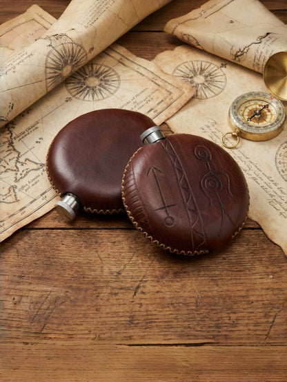 Retro Handmade Leather Portable Outdoor Travel Liquor Bottle 304 Stainless Steel
