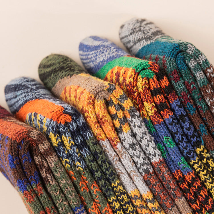 Winter colorful mid-calf socks thickened pure cotton stockings retro men's ethnic style boot socks（5 Pairs 5 color)