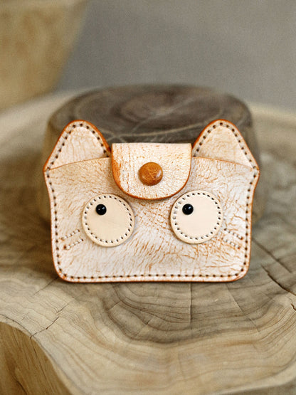 Vintage Handmade Leather Kitten Card Holder Storage Bag