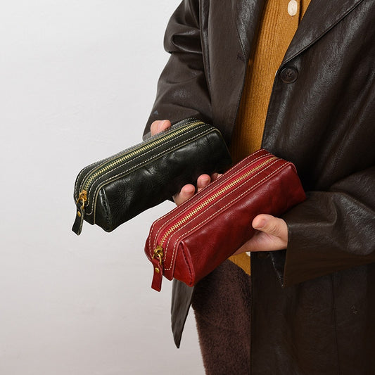 Retro Handmade Leather Zipper Storage Bag