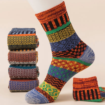 Winter colorful mid-calf socks thickened pure cotton stockings retro men's ethnic style boot socks（5 Pairs 5 color)