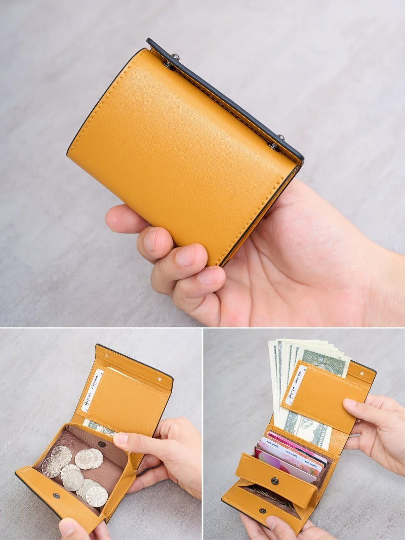 A Minimalist Tri-Fold Wallet in Black, Featuring a Business Style, Ultra-Thin Foldable Design, Secure Card Slots, And a Snap Closure