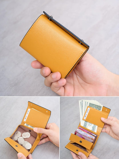 A Minimalist Tri-Fold Wallet in Black, Featuring a Business Style, Ultra-Thin Foldable Design, Secure Card Slots, And a Snap Closure