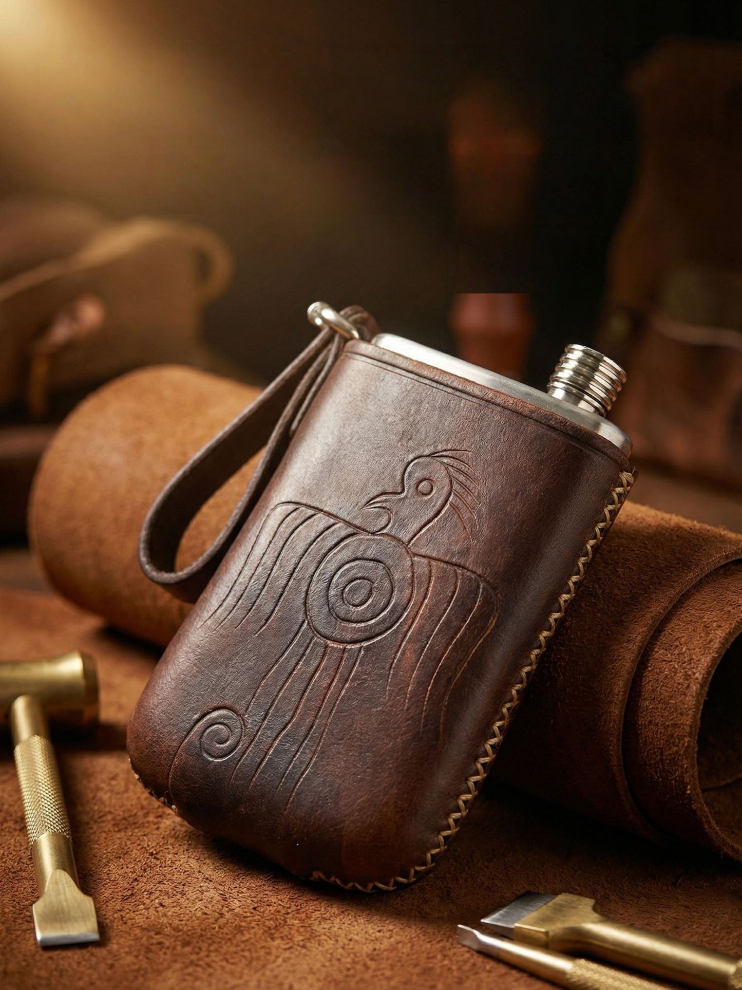 Retro Handmade Leather Portable Outdoor Travel Liquor Bottle 304 Stainless Steel