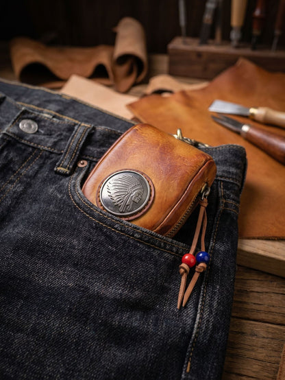 Top-grain Leather Vintage Key Pouches with Pom Pom Tassels