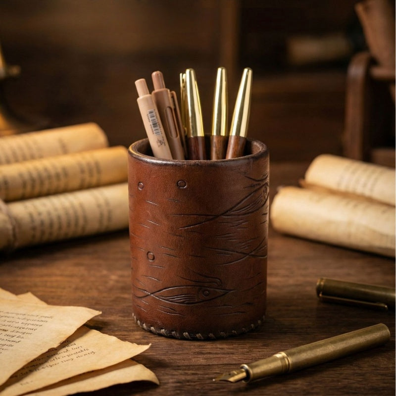 Retro Hand-stitched Vegetable-tanned Leather Pen Holder