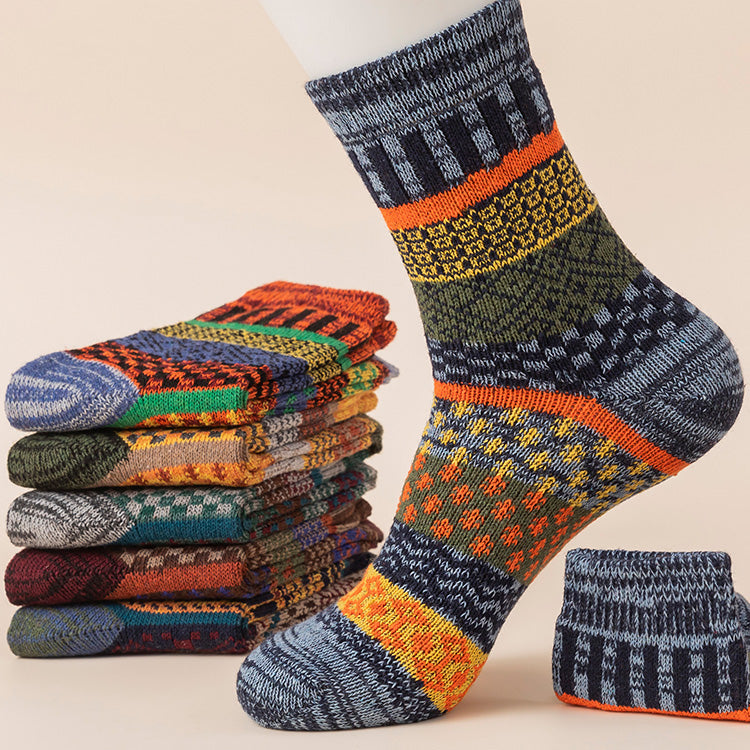 Winter colorful mid-calf socks thickened pure cotton stockings retro men's ethnic style boot socks（5 Pairs 5 color)