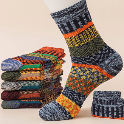 Winter colorful mid-calf socks thickened pure cotton stockings retro men's ethnic style boot socks（5 Pairs 5 color)